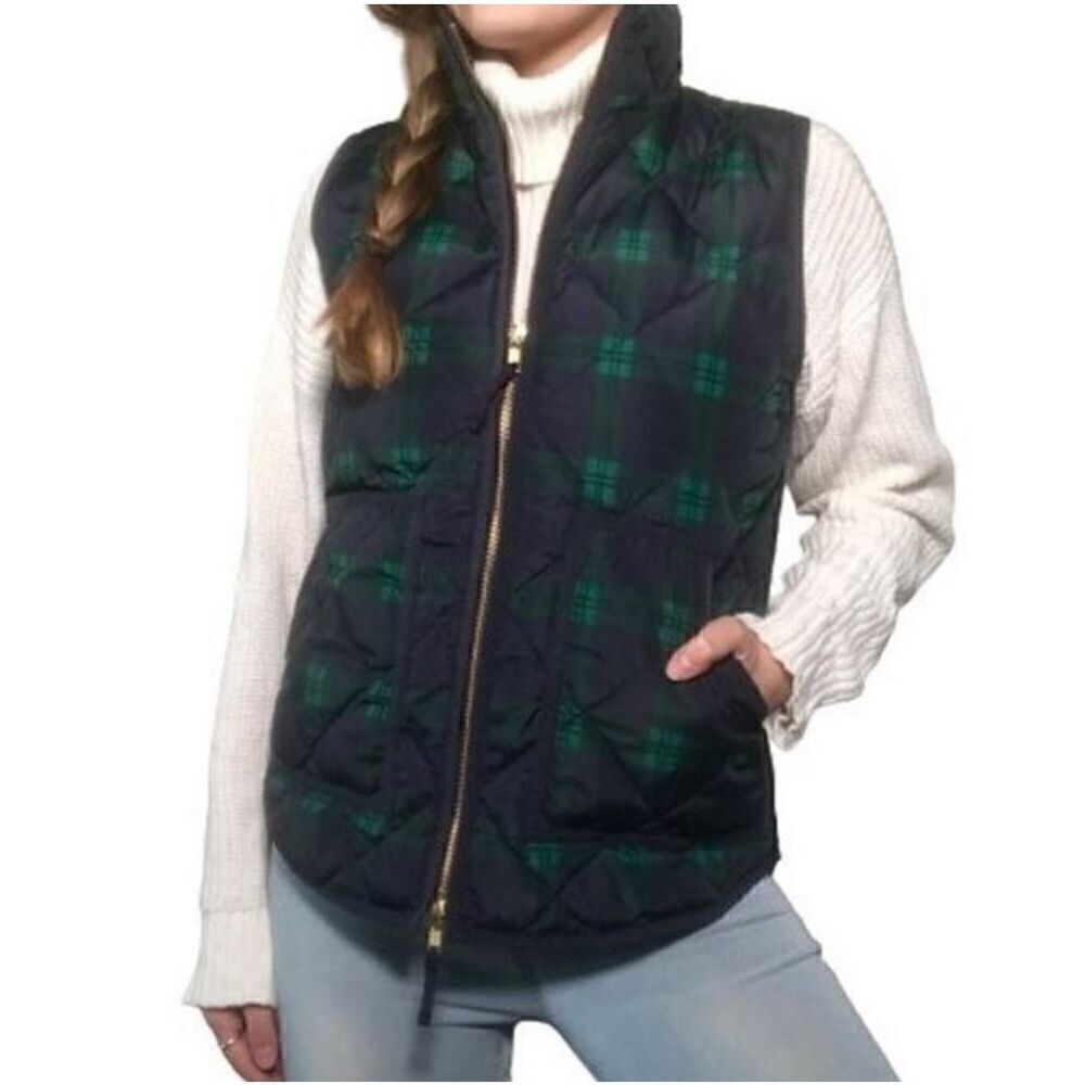 J. Crew Quilted Plaid Down Puffer Vest Nwt Women’s Xs Blue Green